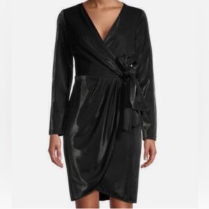 julia jordan Black Satin Wrap-Front Long-Sleeve Wedding Dress